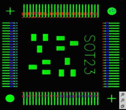 Computer-assisted placement of a QFP - green = pad, red = pin, blue = overlay