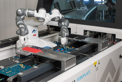 Innovative automation: The Ersa ROBOPLACE undertakes repetitive component placement tasks upstream of the selective soldering plant. Based on flexible 2-arm technology, the collaborative robot has no need for protective housing and frees up operators for