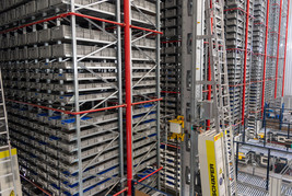 Automated small parts warehouse with control panels
